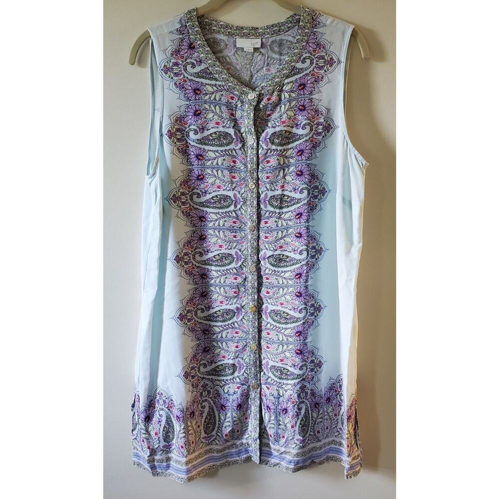 J JILL Sleeveless Tunic Top Button Front Floral Paisley Women Size M Lightweight